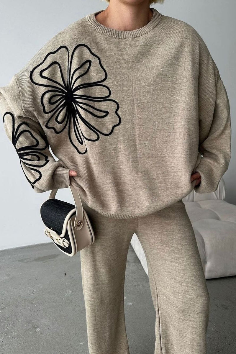 Casual Round Neck Knit Sweater with Pants Two Piece Set