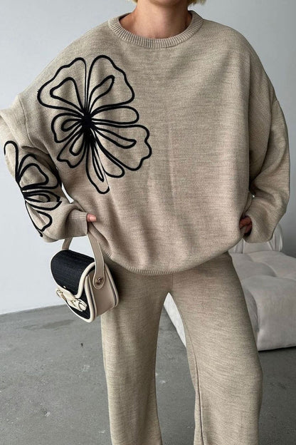 Casual Round Neck Knit Sweater with Pants Two Piece Set