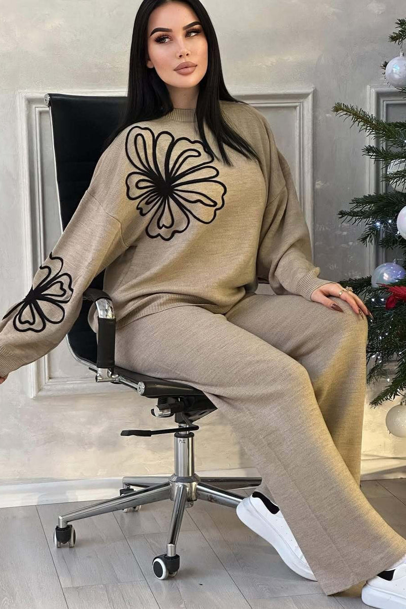 Casual Round Neck Knit Sweater with Pants Two Piece Set