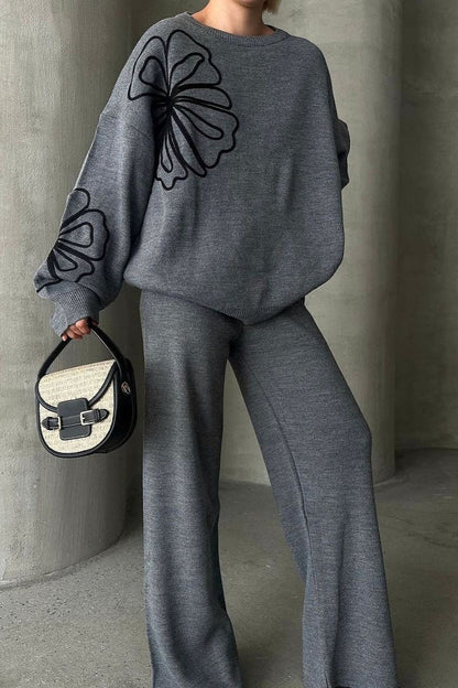 Casual Round Neck Knit Sweater with Pants Two Piece Set