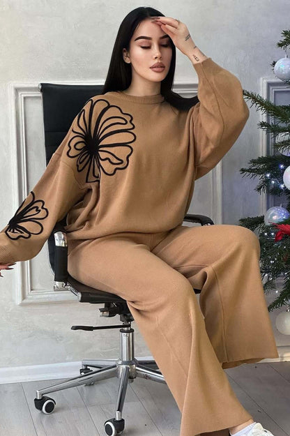 Casual Round Neck Knit Sweater with Pants Two Piece Set