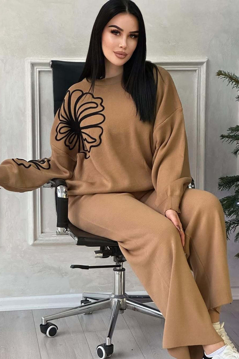 Casual Round Neck Knit Sweater with Pants Two Piece Set