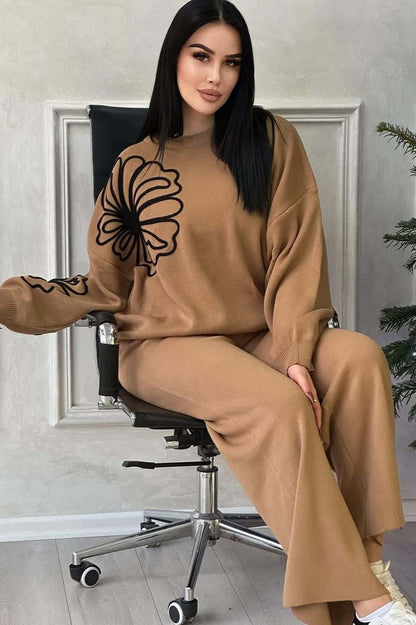 Casual Round Neck Knit Sweater with Pants Two Piece Set