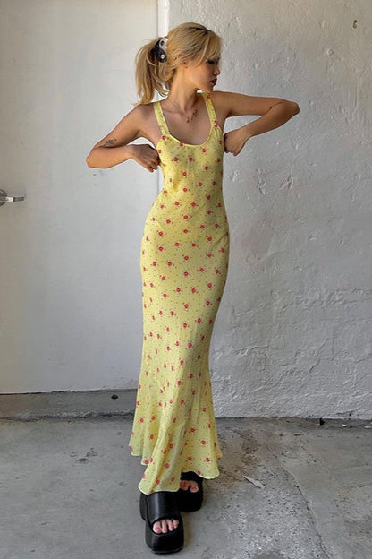Casual U Neck Floral Print Ruched Cami Maxi Dress