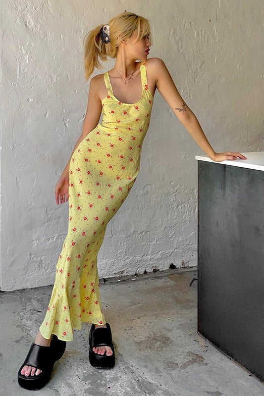 Casual U Neck Floral Print Ruched Cami Maxi Dress