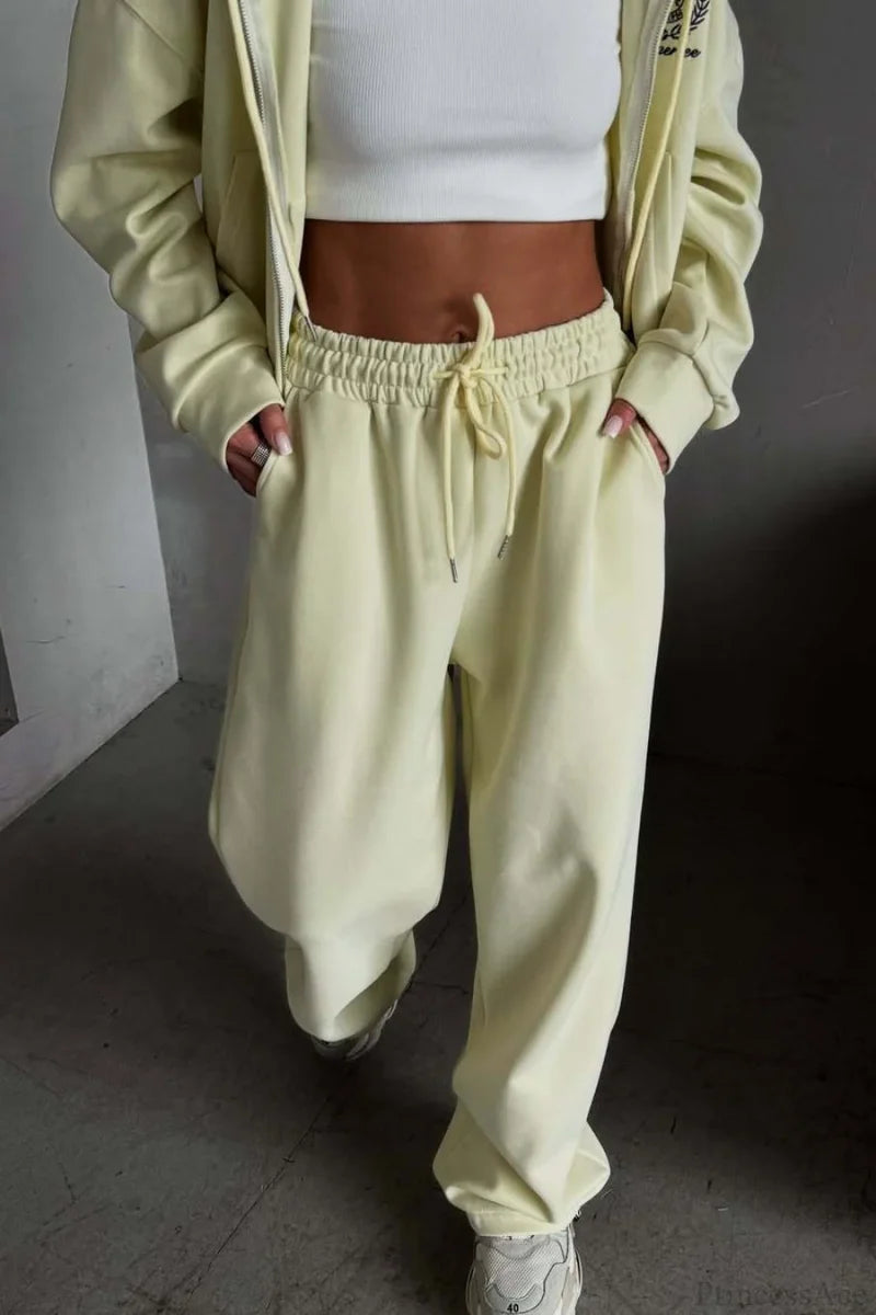 Casual Zip Hooded Embroidered Sweatpants Two Piece Set