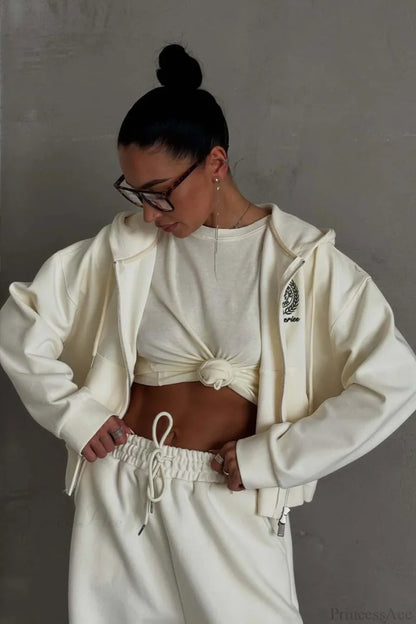 Casual Zip Hooded Embroidered Sweatpants Two Piece Set
