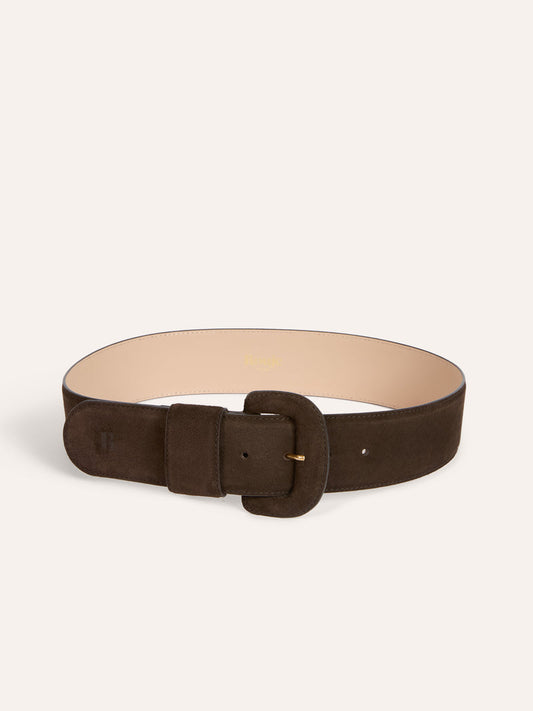 ETREINTE wide ebony brown suede leather belt, front view by Rouje