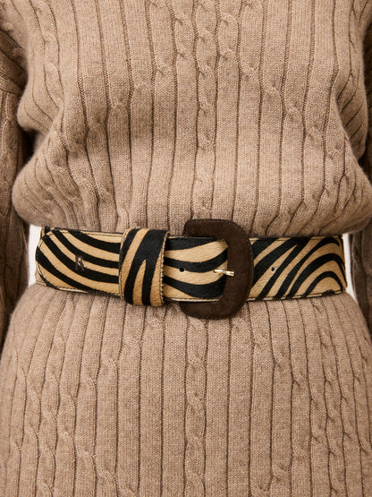 ETREINTE wide zebra pony leather belt, front view by Rouje