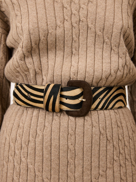 ETREINTE wide zebra pony leather belt, front view by Rouje