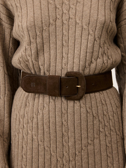 ETREINTE wide ebony brown suede belt, detail of embossed R by Rouje