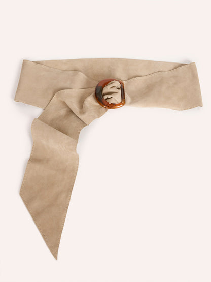 MYSTERE camel suede wide leather scarf belt, front view by Rouje