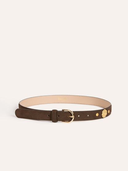 ROMANCE ebony brown thin suede leather belt worn on a model by Rouje