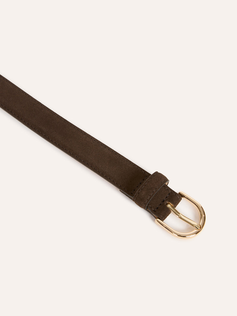 ROMANCE ebony brown thin suede leather belt, detail of golden buckle by Rouje