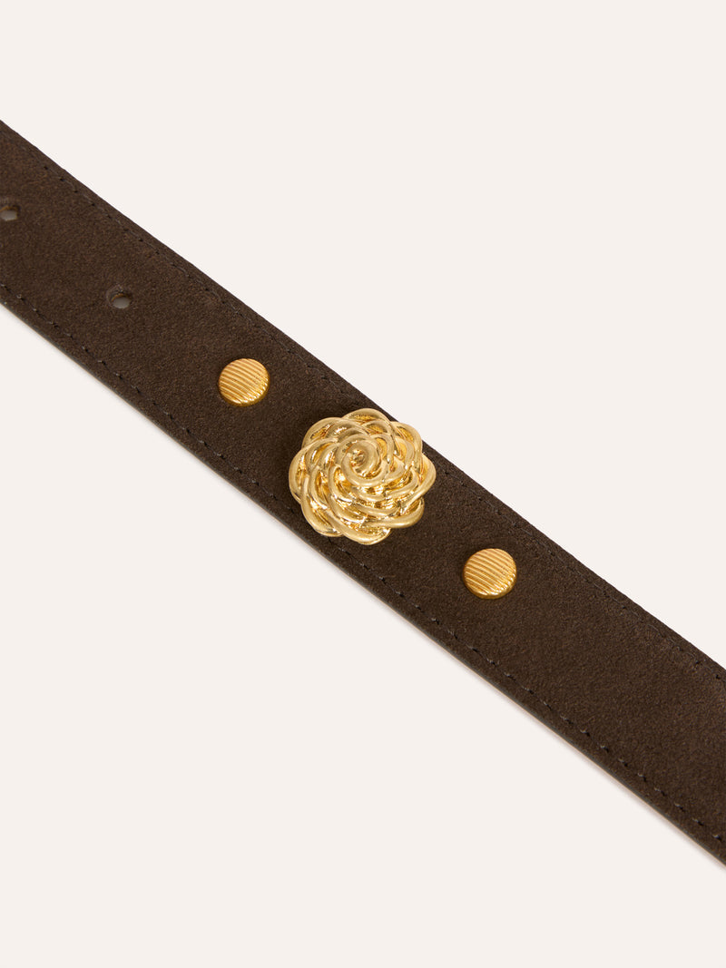 ROMANCE ebony brown thin suede leather belt, flat packshot by Rouje