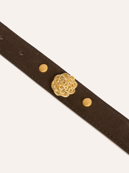 ROMANCE ebony brown thin suede leather belt, flat packshot by Rouje