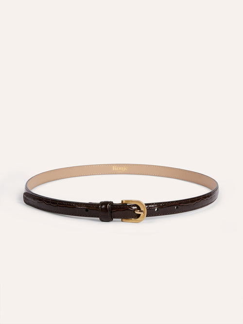 SIGNATURE chocolate thin leather belt, front view by Rouje