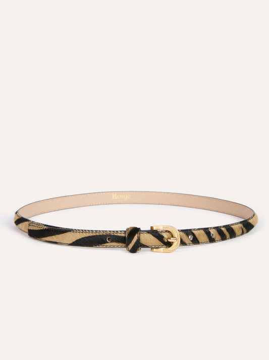 SIGNATURE slim zebra pony leather belt, front view by Rouje