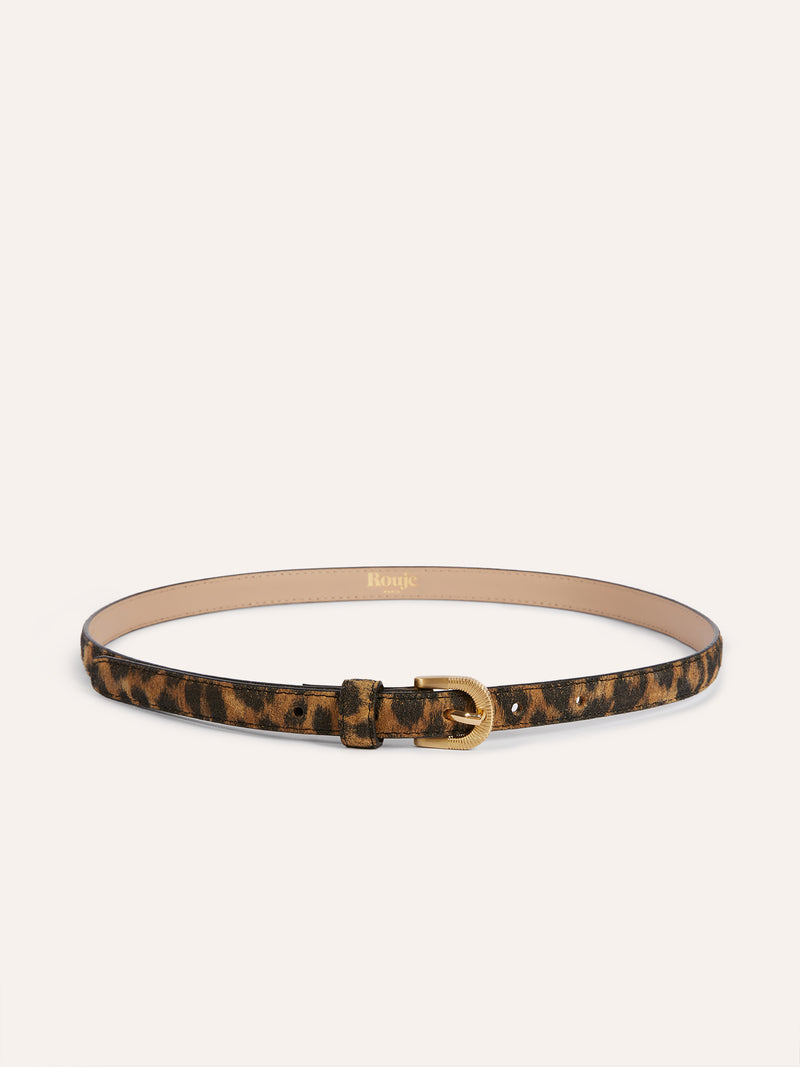 SIGNATURE leopard print thin leather belt, front view by Rouje
