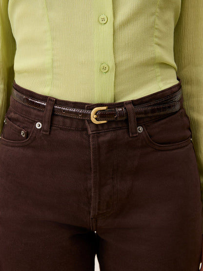 SIGNATURE chocolate thin leather belt, flat packshot by Rouje
