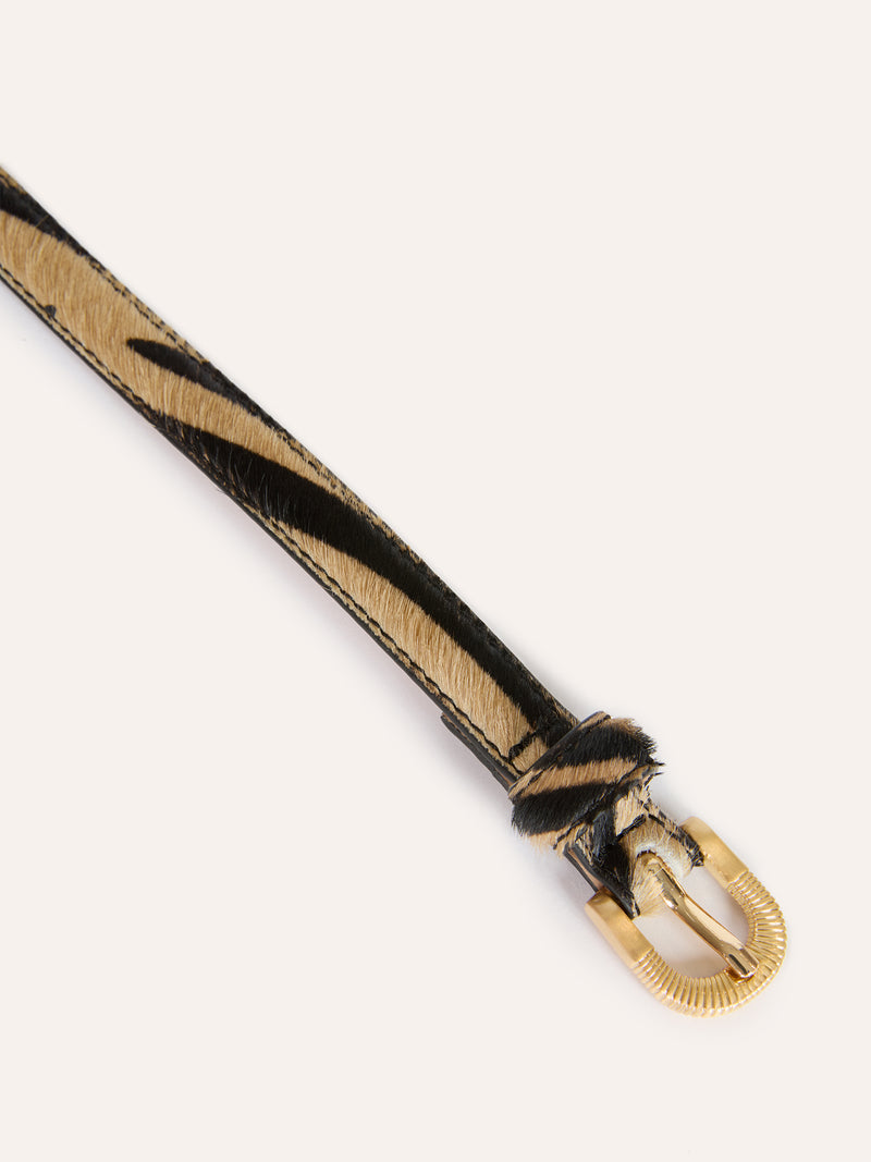 SIGNATURE slim zebra pony leather belt, detail of gold buckle by Rouje
