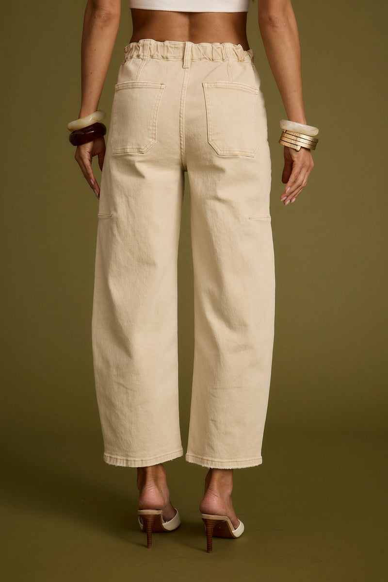 Chandler Beige Barrel Jeans styled in a complete look from an alternate angle.
