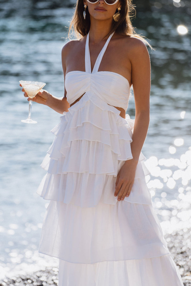 Product view of the Chateau White Ruffle Maxi Dress showcasing versatility and wearability.