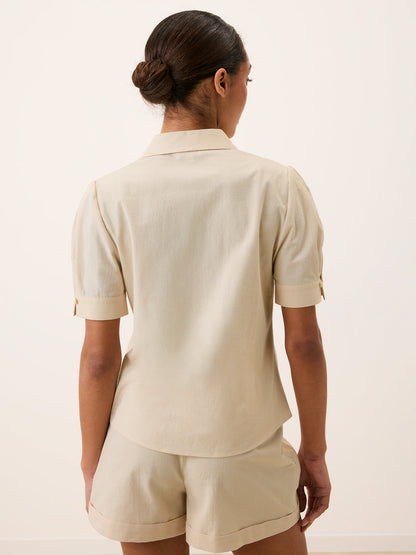 ALBANE ecru cotton balloon-sleeve shirt, detail of rounded hem by Rouje