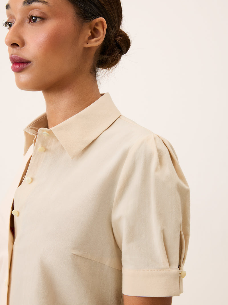ALBANE ecru cotton balloon-sleeve shirt, lifestyle setting by Rouje