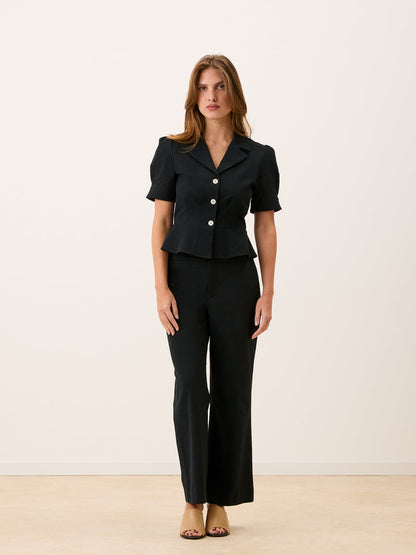 ANISA black cotton button-down peplum blouse, front view by Rouje