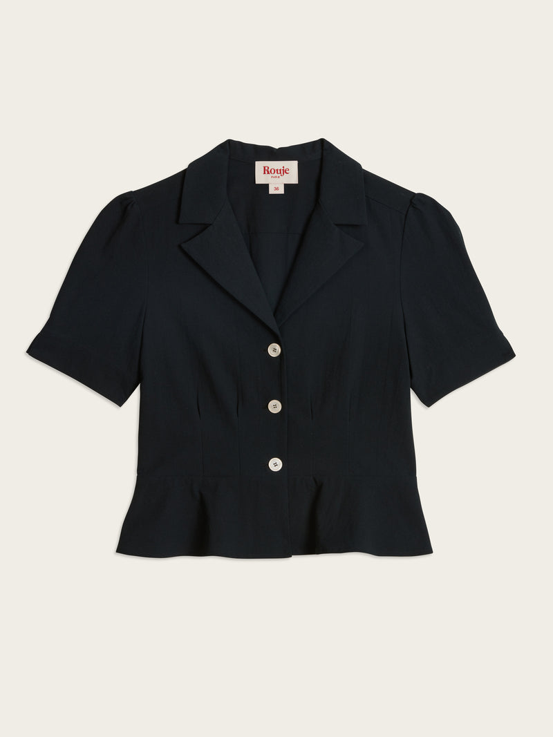 ANISA black cotton button-down peplum blouse, flat packshot by Rouje