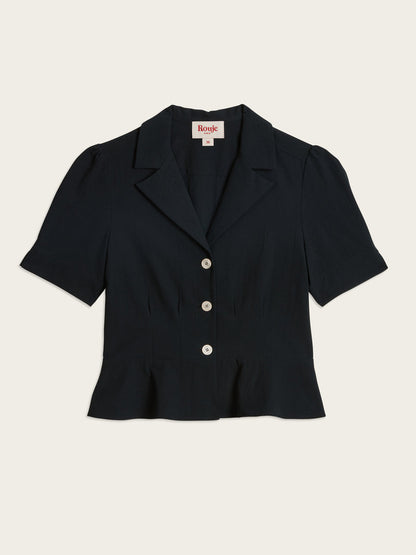 ANISA black cotton button-down peplum blouse, flat packshot by Rouje