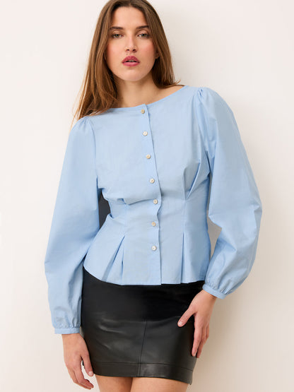 CLAUDINE sky blue belted shirt with boat neck, front view by Rouje