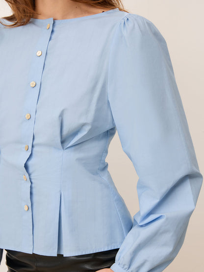 CLAUDINE sky blue belted shirt, back view by Rouje