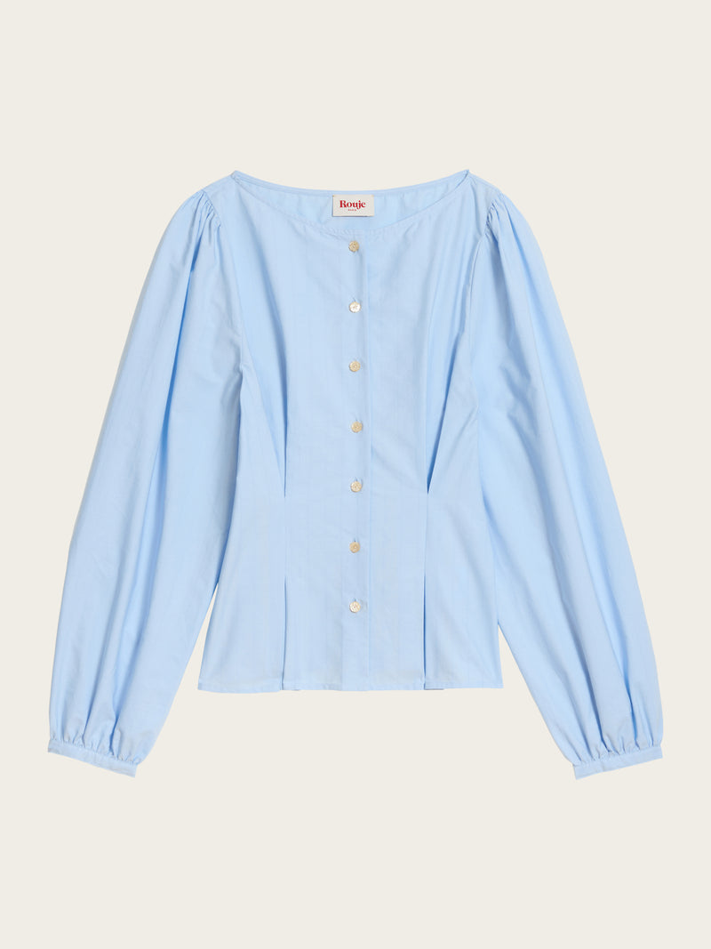 CLAUDINE sky blue belted shirt with boat neck, flat packshot by Rouje