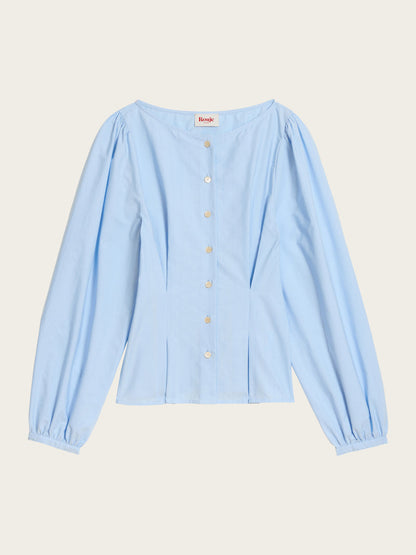 CLAUDINE sky blue belted shirt with boat neck, flat packshot by Rouje