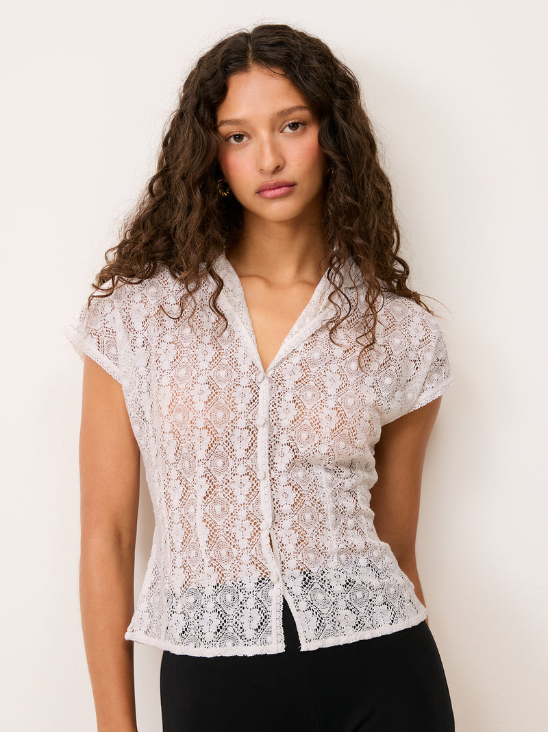 DANIELLE white guipure shirt, front view by Rouje