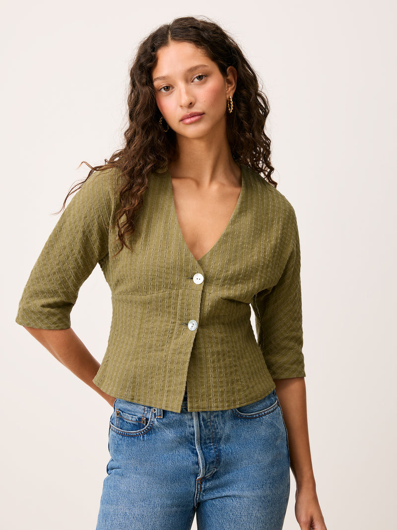 DANY olive green V-neck buttoned shirt, front view by Rouje