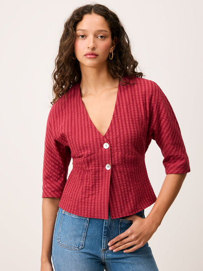 DANY carmine red V-neck buttoned shirt, front view by Rouje