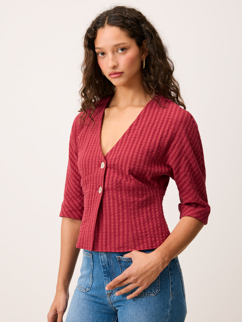 DANY carmine red V-neck shirt, back view by Rouje