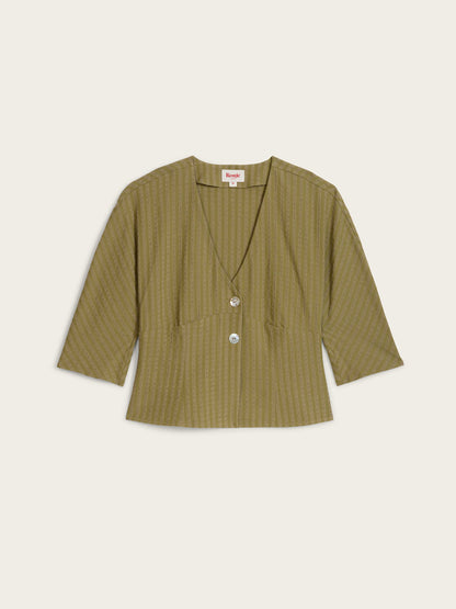 DANY olive green V-neck buttoned shirt, flat packshot by Rouje
