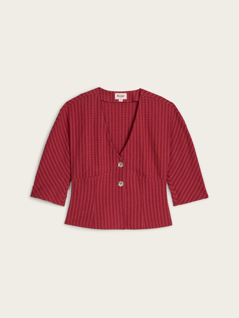 DANY carmine red V-neck buttoned shirt, flat packshot by Rouje