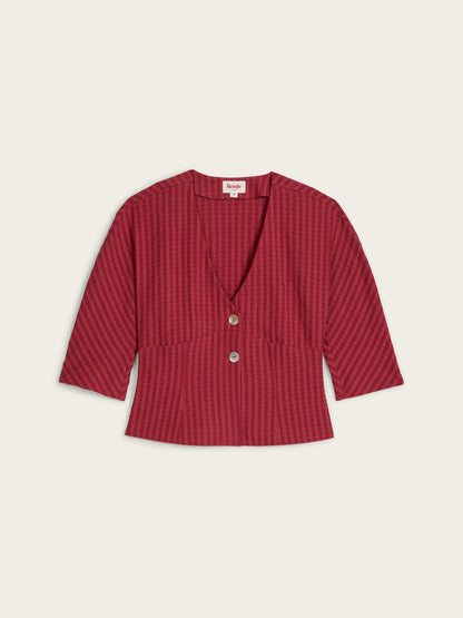 DANY carmine red V-neck buttoned shirt, flat packshot by Rouje