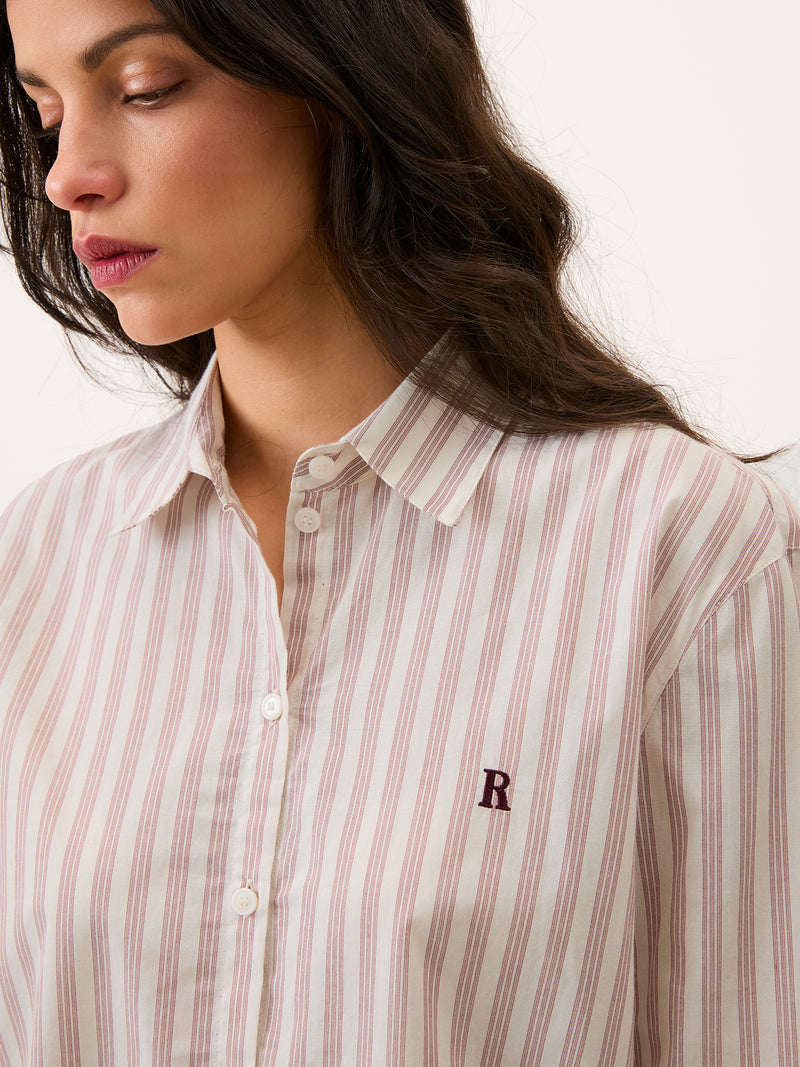 HARPER ecru striped oversized cotton poplin shirt, front view by Rouje