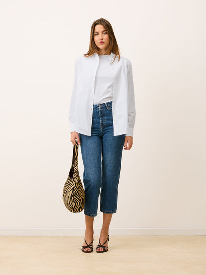 HARPER oxford white oversized shirt worn on a model by Rouje