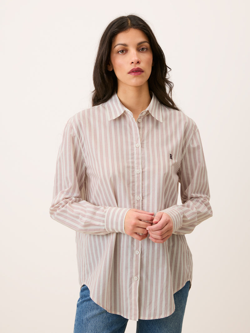 HARPER ecru striped cotton shirt, detail of embroidered R by Rouje