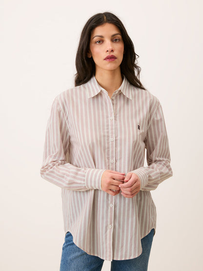 HARPER ecru striped cotton shirt, detail of embroidered R by Rouje
