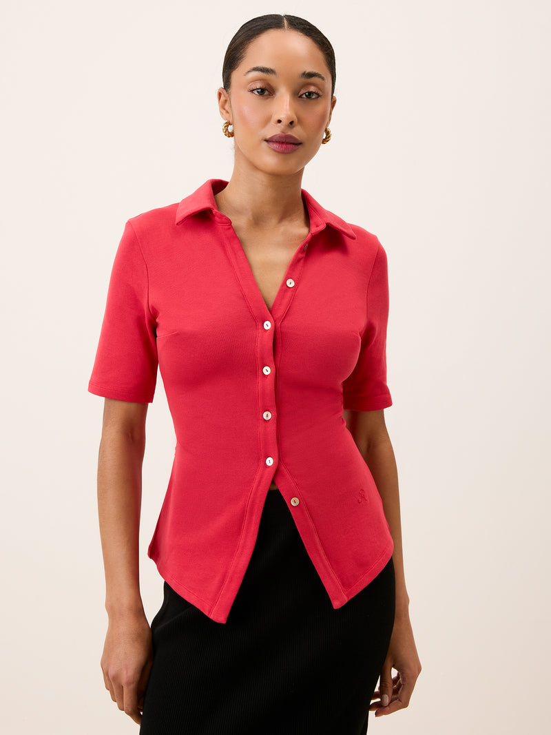 MAELA red V-neck slim-fit jersey top, front view by Rouje