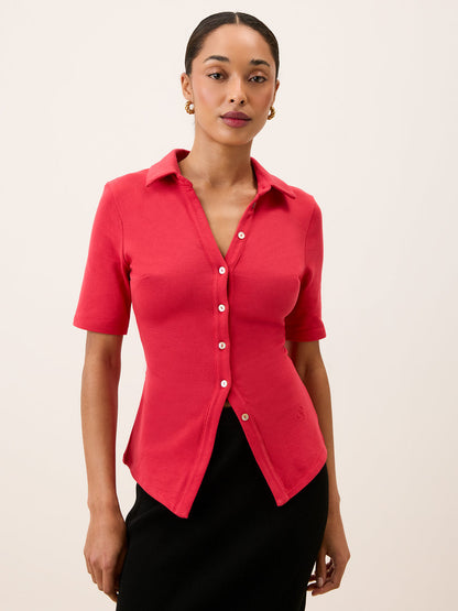 MAELA red V-neck slim-fit jersey top, front view by Rouje