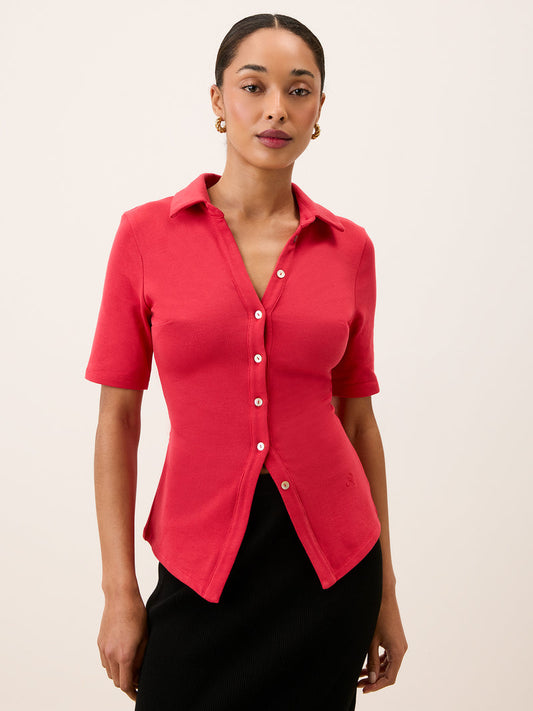 MAELA red V-neck slim-fit jersey top, front view by Rouje